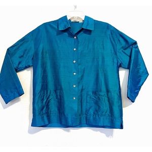 Chico’s Design Vintage Blue Green Teal Silk Slubbed Jacket Size 1 (M/L)